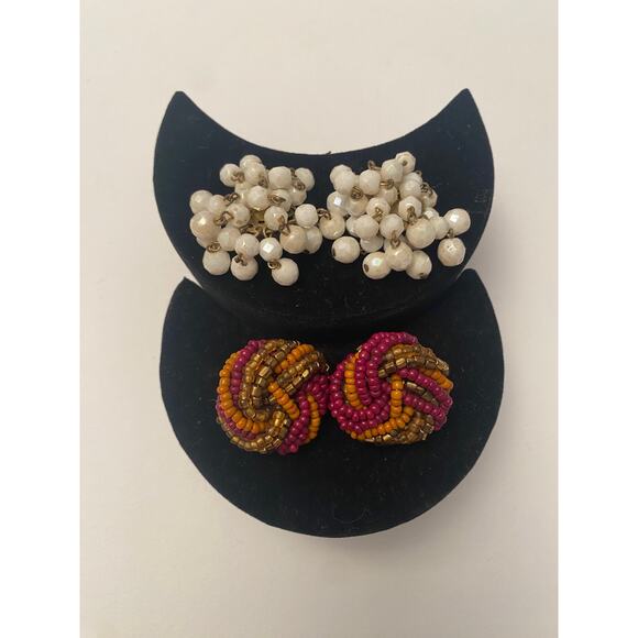 Vintage MADE IN WESTERN GERMANY Clip on Earrings Beaded White Beads Dangle Pairs - Picture 2 of 6